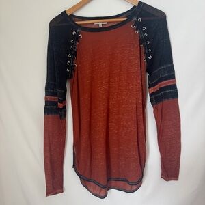 Women's Rust and Black Lace-Up Long Sleeve Top